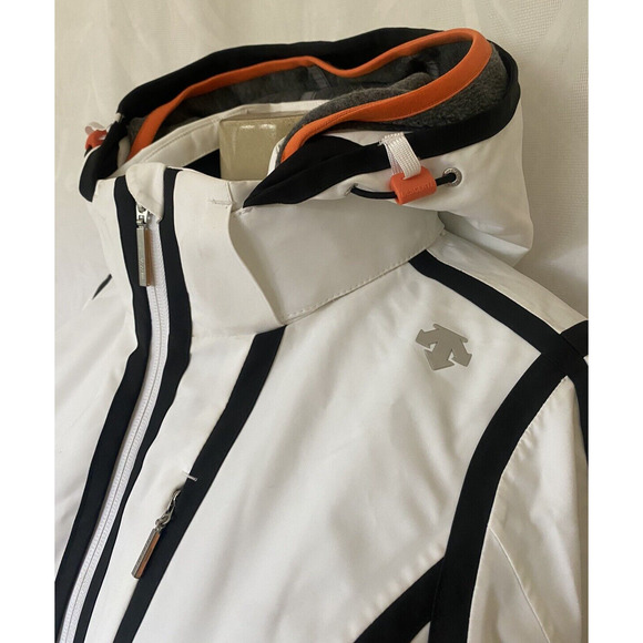 Descente Women's Ski Jacket Puffer White Black Stripe Hood Motion 3D Heat Navi S - Picture 6 of 13